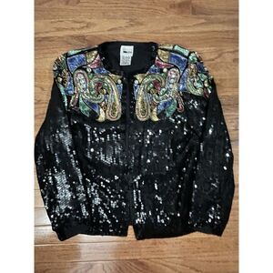 Vintage Leslie Fay Evening Sequined Jacket - Colorful - Hook Front - Size Large
